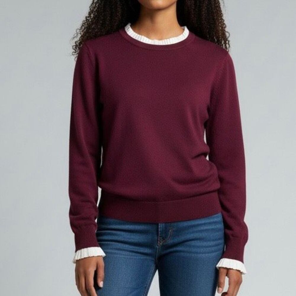 Milano Deep Purple White Ruffle Sweater L Colonial Chic Parisian Preppy Romantic